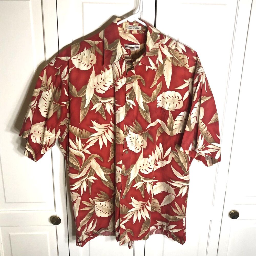 Pierre Cardin Vintage Red Hawaiian Shirt Mens L 100% Cotton Tropical Print